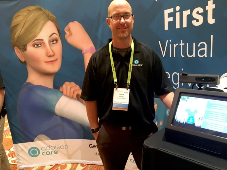 David Keeley of SameDay Security debuts the Addison Virtual Caregiver system at the Consumer Electronics Show in Las Vegas, a digital assistant designed to monitor seniors living alone