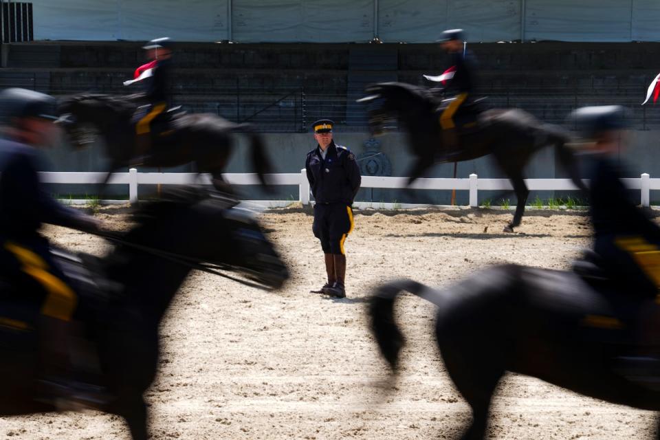 The Royal Canadian Mounted Police Musical Ride troop practices at their stables in Ottawa on Wednesday, May 17, 2023. This year marks the 150th Anniversary of the RCMP.