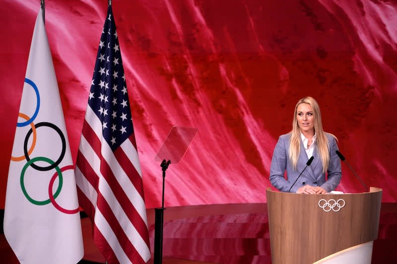 U.S. former alpine skier Lindsey Vonn speaks about Salt Lake City's bid to host the 2034 Winter Olympics, during the 142nd IOC session at the 2024 Summer Olympics, Wednesday, July 24, 2024, in Paris, France. | David Goldman