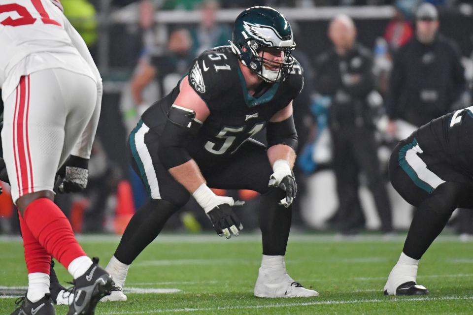 Dec 25, 2023; Philadelphia, Pennsylvania, USA; Philadelphia Eagles center Cam Jurgens (51) against the New York Giants at Lincoln Financial Field. Mandatory Credit: Eric Hartline-USA TODAY Sports