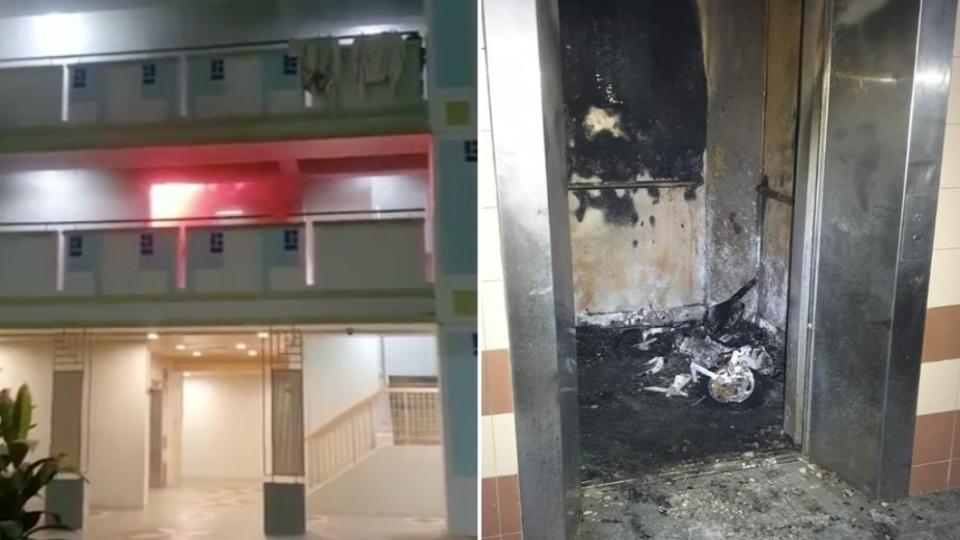 外送員在電梯內遭逢意外。（合成圖／翻攝自Fire Specialist Rescue Centre Singapore、Singapore Civil Defence Force臉書）