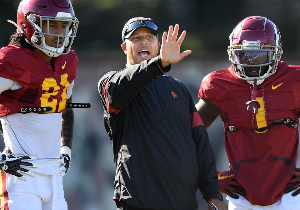 USC interim head coach Donte Williams conducts practice.