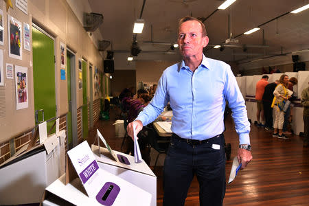 Former Australian prime minister and member for Warringah Tony Abbott votes at Forestville Public School on Election Day in Sydney, Saturday, May 18, 2019. AAP Image/Dean Lewins/via REUTERS
