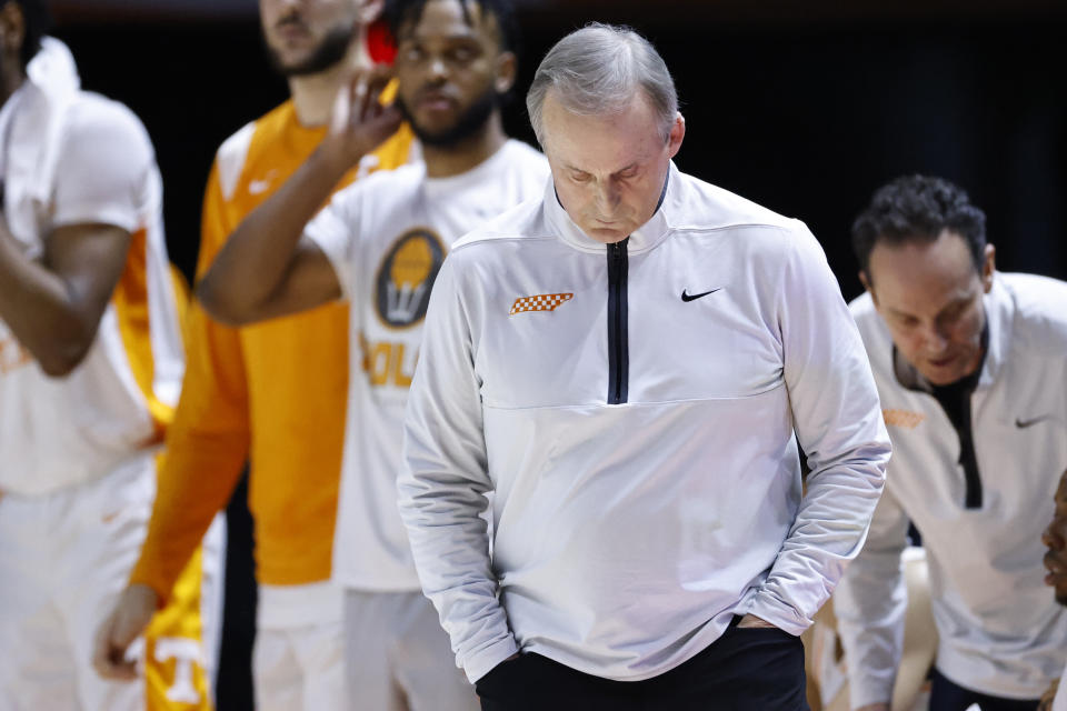 Tennessee head coach Rick Barnes reacts after a play during the second half of an NCAA college basketball game against Missouri, Saturday, Feb. 11, 2023, in Knoxville, Tenn. (AP Photo/Wade Payne)