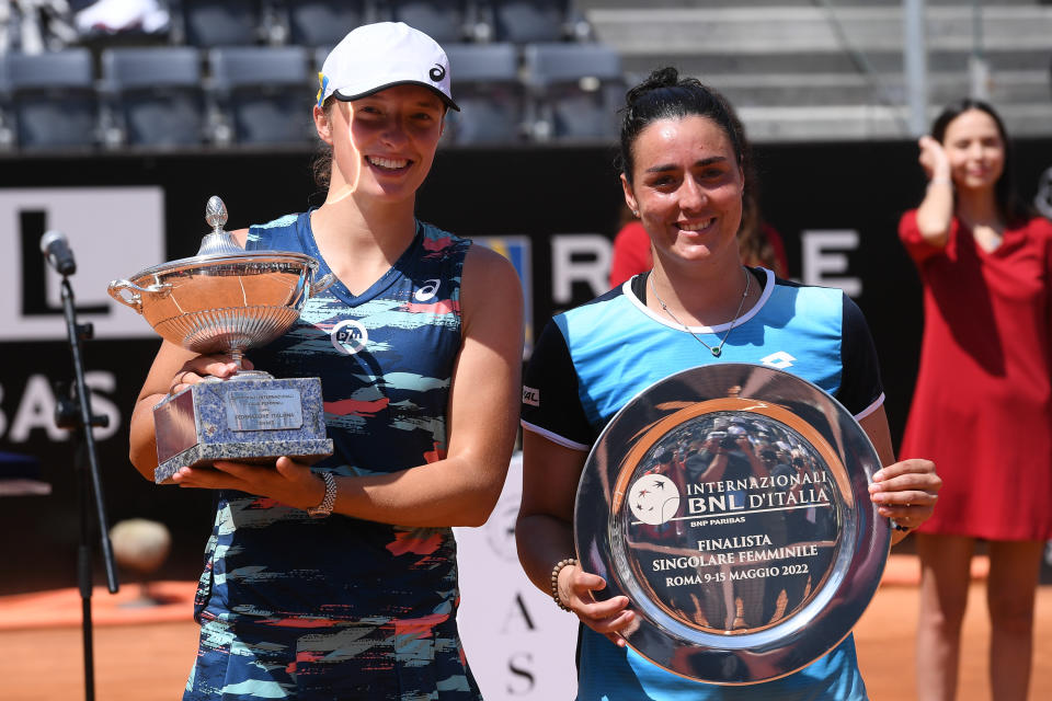 Iga Swiatek and Ons Jabeur, pictured here after the Italian Open final.