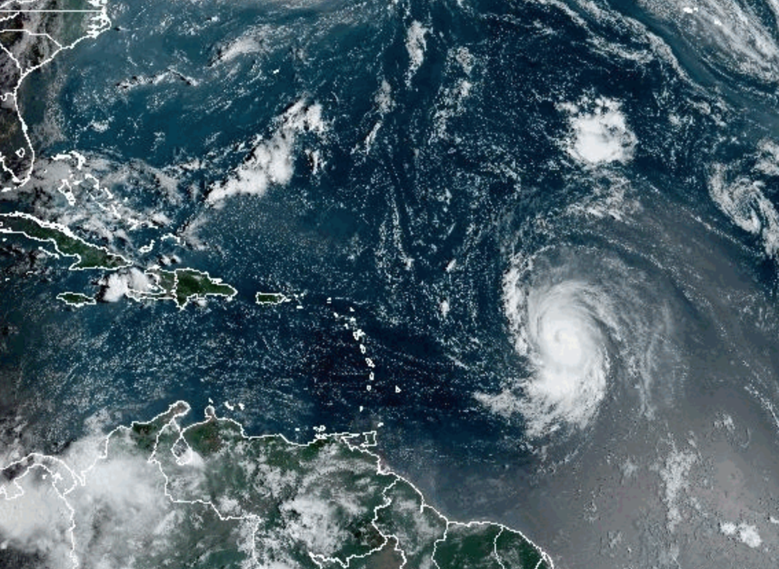 Hurricane Lee seen by satellite spinning towards the Lesser Antilles islands in the Caribbean (NOAA)