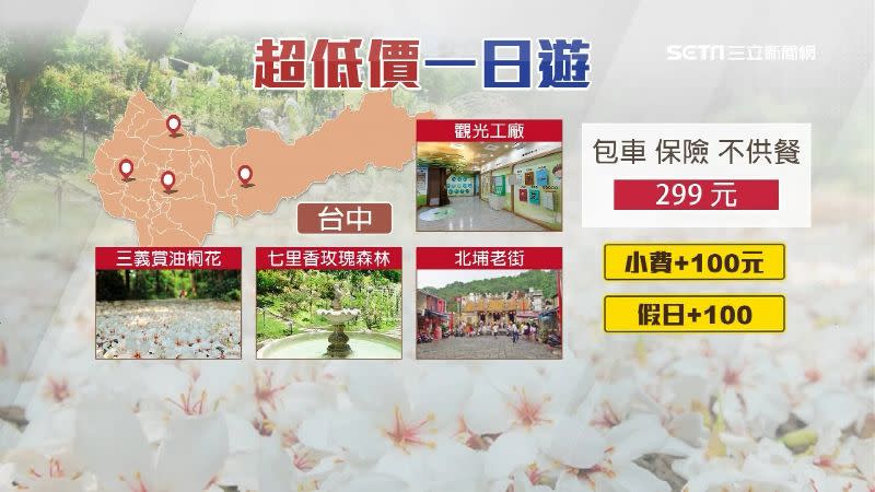 有旅行社推出「1日5景點」賞桐花行程，包車、保險、不供餐299元，小費得需另外加。