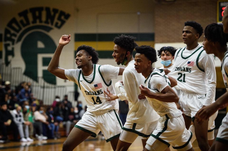 Pine Forest players celebrate their win against Overhills on Tuesday, Jan. 28, 2022.