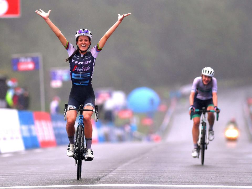 Lizzie Deignan celebrates crossing the line at GP Plouay: Getty