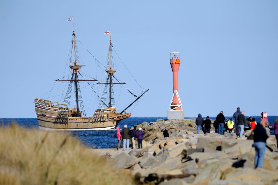 The Mayflower II passes the Scusset Beach jetty at the east entrance to the Cape Cod Canal in Nov. 2016.