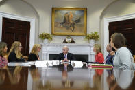 President Joe Biden speaks during a meeting with FEMA Administrator Deanne Criswell, third from left, and Homeland Security Adviser and Deputy National Security Adviser Elizabeth Sherwood-Randall, fifth from left, in the Roosevelt Room of the White House, Tuesday, June 22, 2021, in Washington. (AP Photo/Evan Vucci)