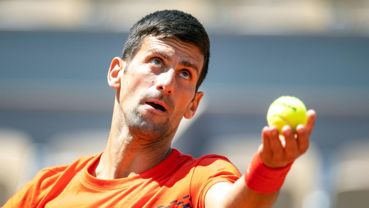  Novak Djokovic of Serbia during practice on Court Philippe Chatrier in preparation for the 2023 French Open Tennis Tournament at Roland Garros on May 26, 2023, in Paris, France.  