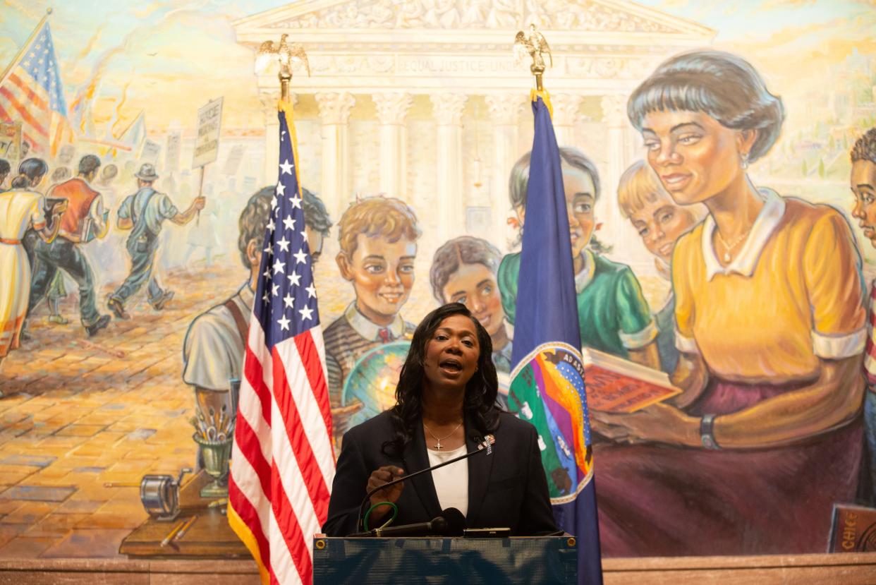 Jeanna Repass, a democrat from Overland Park, announces her run for the Kansas Secretary of State office Tuesday inside the Statehouse.