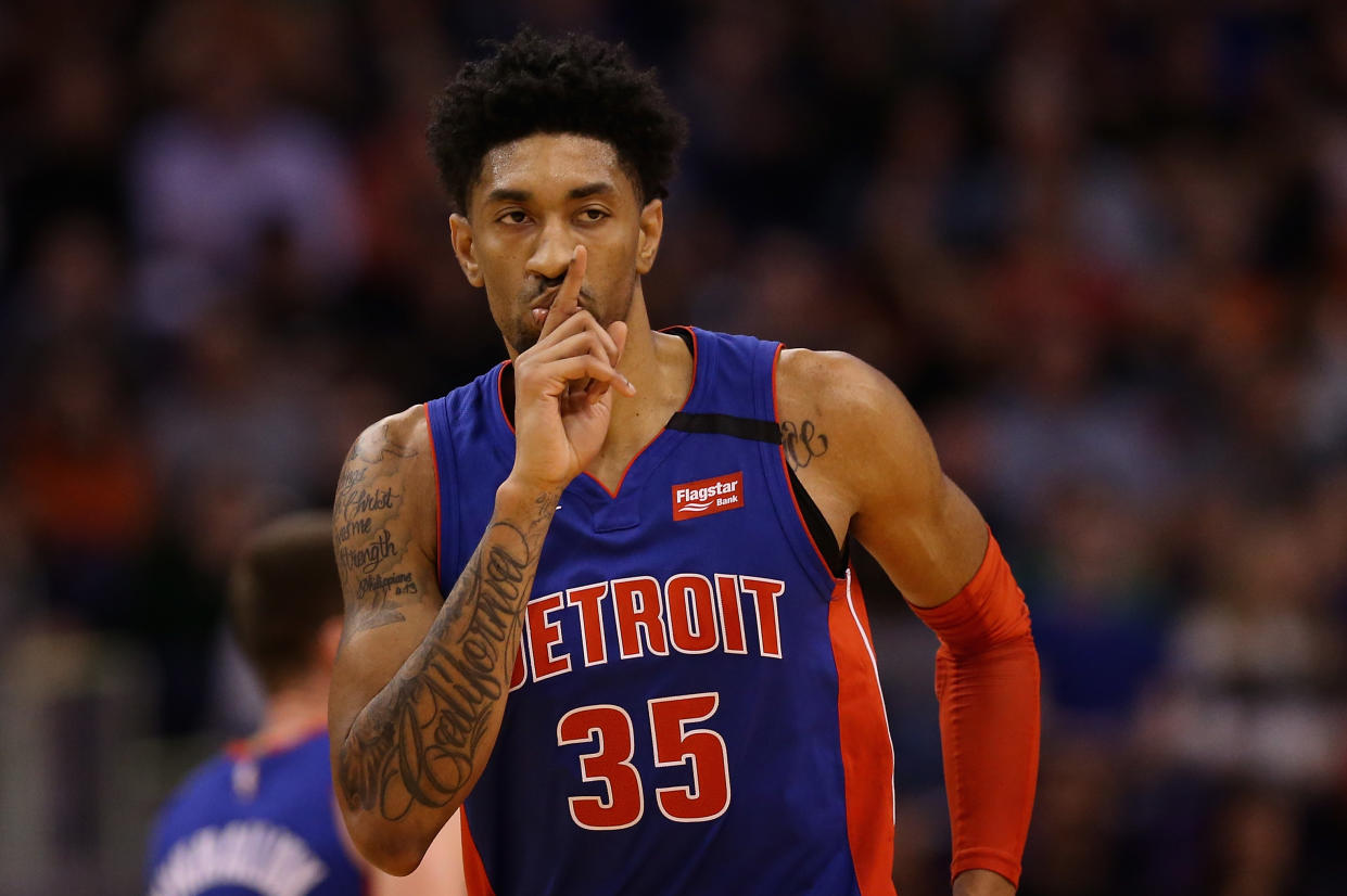 Christian Wood #35 of the Detroit Pistons reacts during the second half of the NBA game against the Phoenix Suns at Talking Stick Resort Arena on February 28, 2020 in Phoenix, Arizona.
