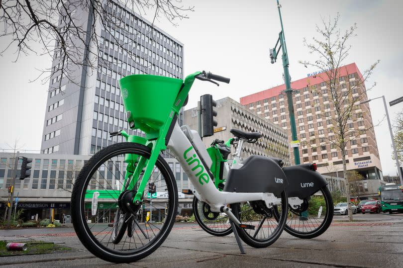 A general view of Lime e-bikes in Maid Marian Way, Nottingham city centre