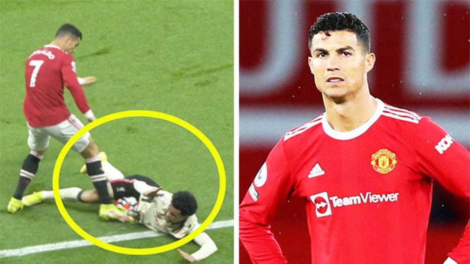 Cristiano Ronaldo (pictured left) kicking towards Curtis Jones and (pictured right) looking frustrated.