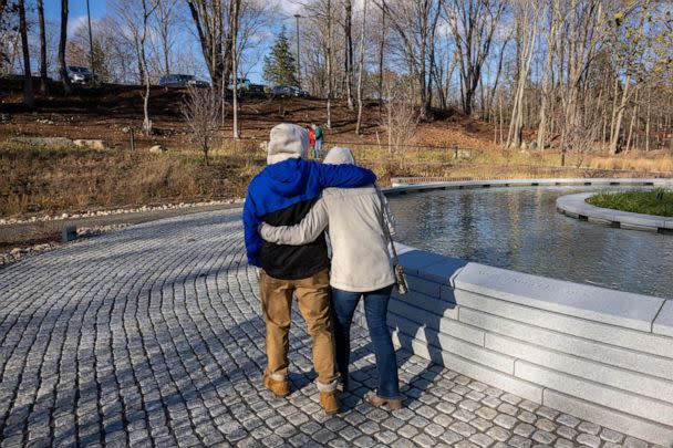 PHOTO: People visit the newly-opened Sandy Hook Permanent Memorial on Nov. 20, 2022 in Newtown, Conn.  (John Moore/Getty Images)