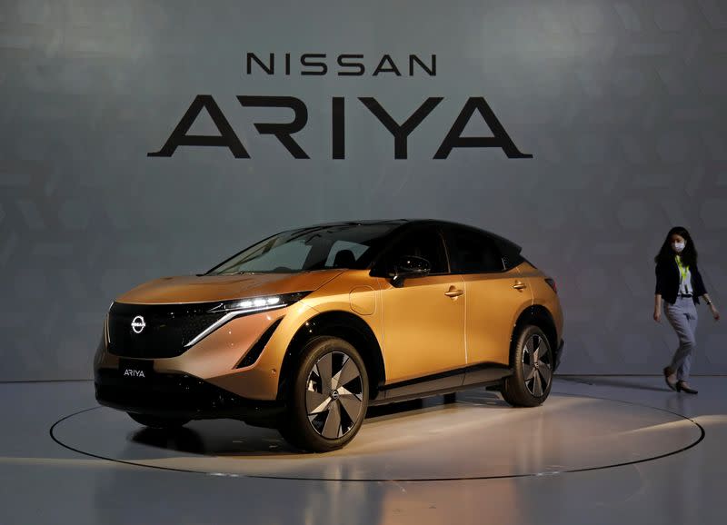 Nissan Motor Corp. displays its new Ariya all-battery SUV during a press preview in Yokohama