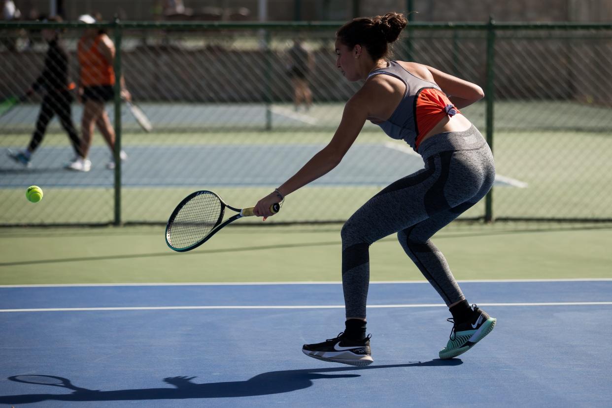 El Paso High's Daniela Ocaranza competes at the District 1-5A Tennis Championships on Tuesday, April 4, 2023, at the El Paso Tennis & Swim Club.