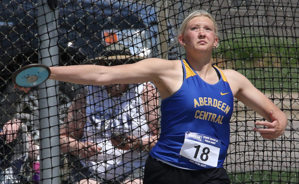 Taryn Nieman of Aberdeen Central placed third in the Class AA girls' discus during the 2024 South Dakota State Track and Field Championships at Howard Wood Field in Sioux Falls.