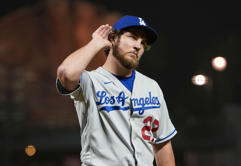 SAN FRANCISCO, CALIFORNIA - MAY 21: Trevor Bauer #27 of the Los Angeles Dodgers reacts to fans booing him.