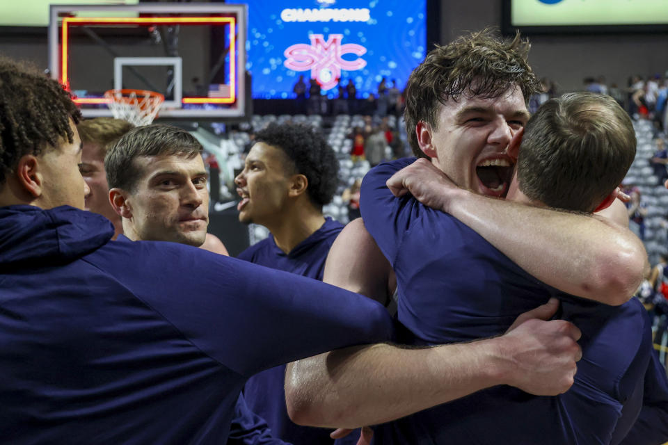 Saint Mary's Alex Ducas celebrates after the team's win over Gonzaga in an NCAA college basketball game for the championship of the West Coast Conference men's tournament Tuesday, March 12, 2024, in Las Vegas. (AP Photo/Ian Maule)