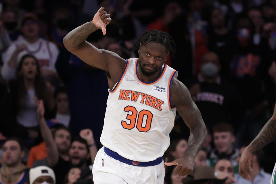 New York Knicks forward Julius Randle (30) reacts against the Boston Celtics during the second half of an NBA basketball game Thursday, Jan. 6, 2022, in New York. The Knicks won 108-105. (AP Photo/Adam Hunger)