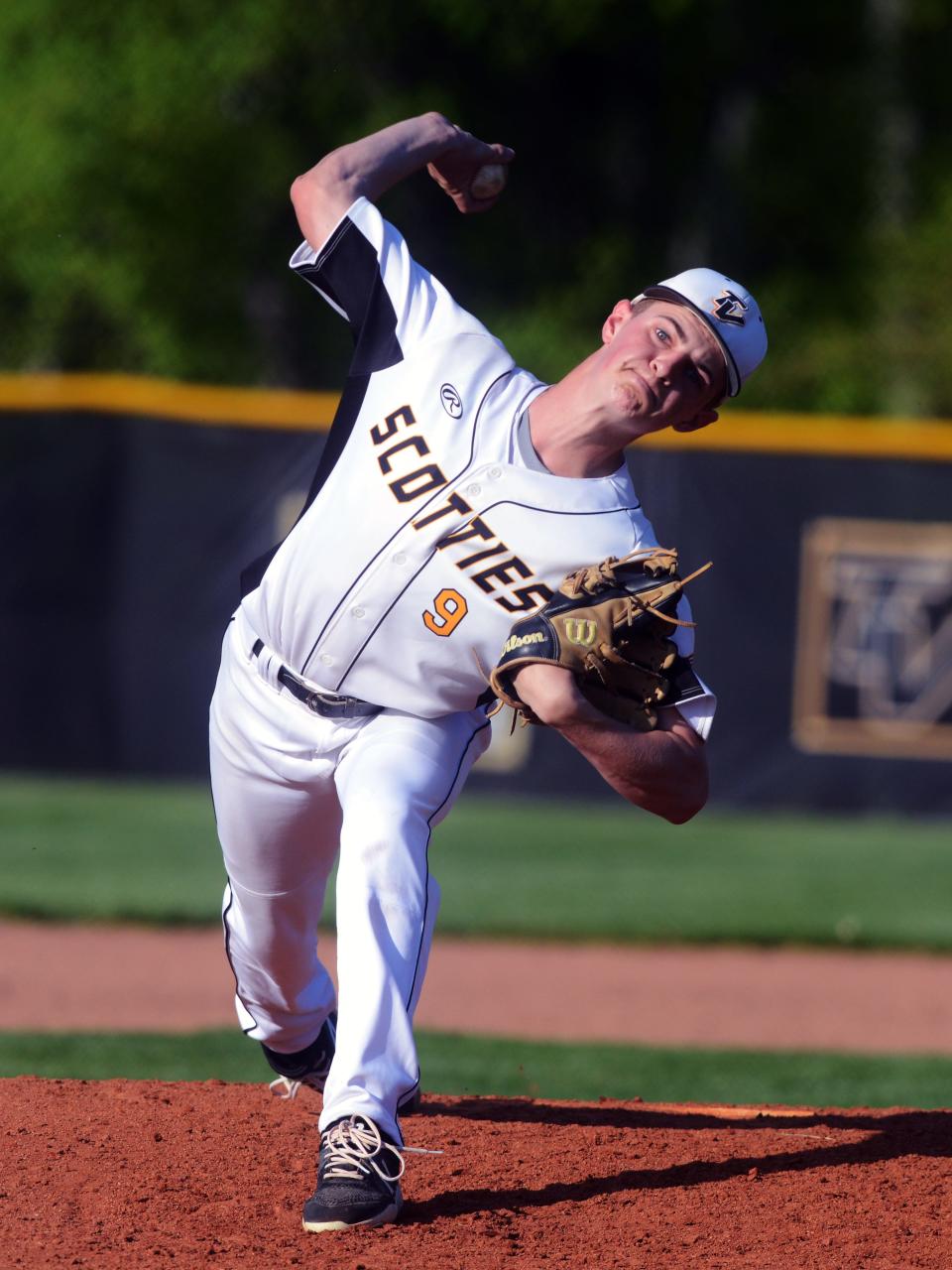 Tri-Valley's Landon Harney fires a pitch during a 7-2 loss to visiting Sheridan on May 12, 2022, at Kenny Wolford Park in Dresden. Harney returns to lead the Scotties to another run at the Muskingum Valley League-Big School Division title in 2023.
