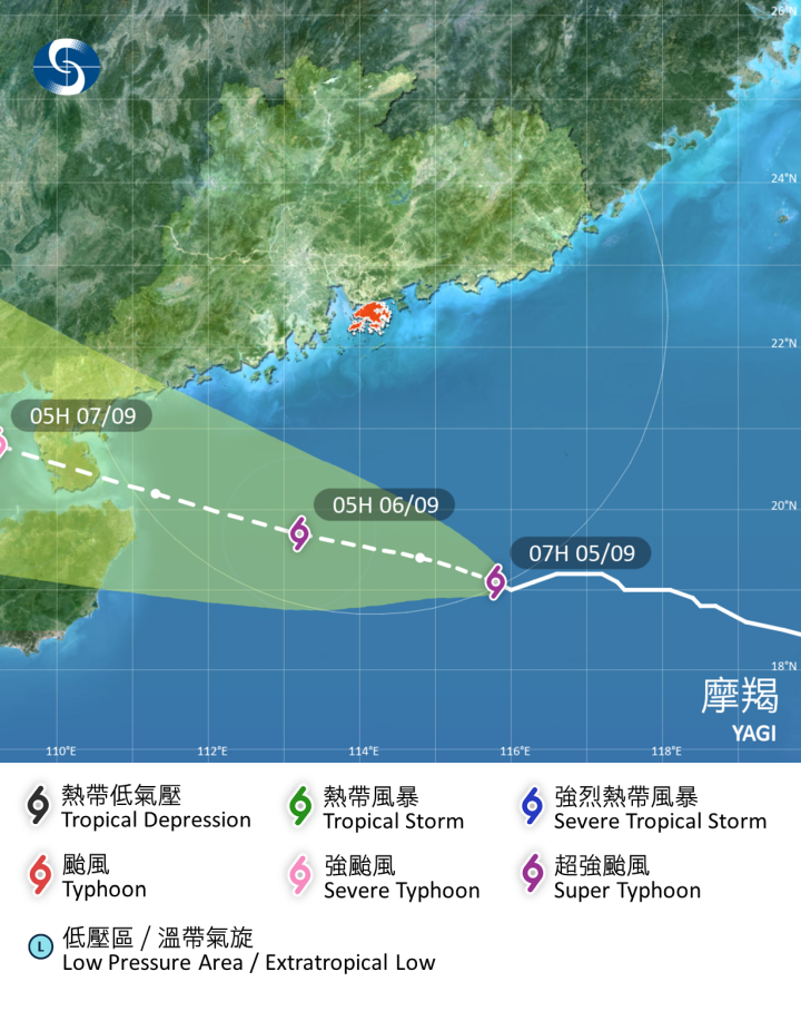 超強颱風 摩羯，在香港時間 2024 年 09 月 05 日 07 時的最新資料。位置:  北緯 19.1 度，東經 115.8 度 (即香港之東南偏南約 390 公里)；中心附近最高持續風速:  每小時 205 公里；摩羯會在今明兩日橫過南海北部，大致移向雷州半島至海南島一帶。