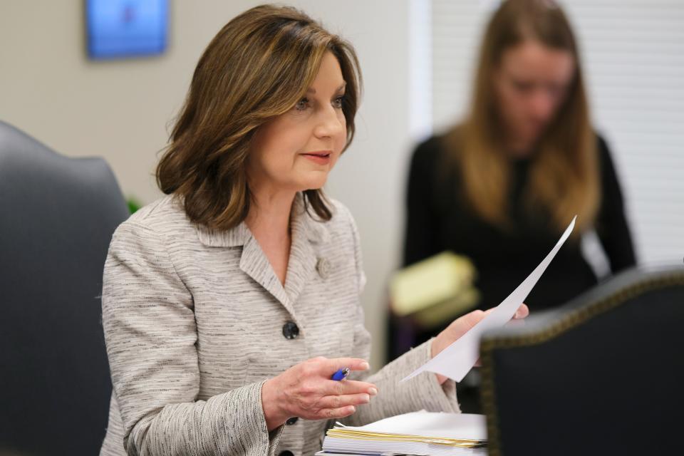 Oklahoma State Superintendent of Public Instruction Joy Hofmeister is shown June 24, 2021, during an Oklahoma State Board of Education meeting.