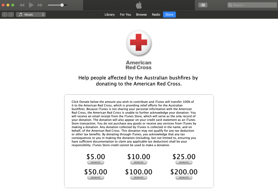 Apple is giving consumers the ability to donate to the Red Cross to help those impacted the Australian wildfires. (Image: Apple)