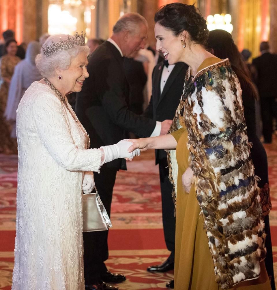 LONDON, ENGLAND - APRIL 19: Queen Elizabeth II greets Jacinda Ardern, Prime Minister of New Zealand in the Blue Drawing Room at The Queen's Dinner during the Commonwealth Heads of Government Meeting (CHOGM) at Buckingham Palace on April 19, 2018 in London, England. (Photo by Victoria Jones - WPA Pool/Getty Images)