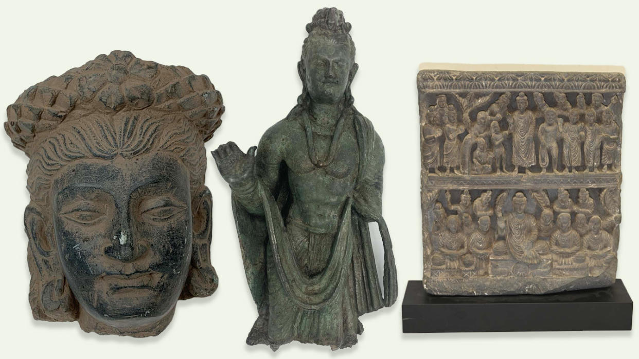 Recovered Afghan artifacts: Head of a Bodhisattva with a headdress - 3rd century AD - valued at $2000;  Standing Buddha - 3rd-4th century AD -  valued at $167,500; and, Relief depicting Buddhaâ€™s first sermon - 3rd century AD - valued at $55,000. (Photo illustration: Yahoo News; photos: New York District Attorney's Office)