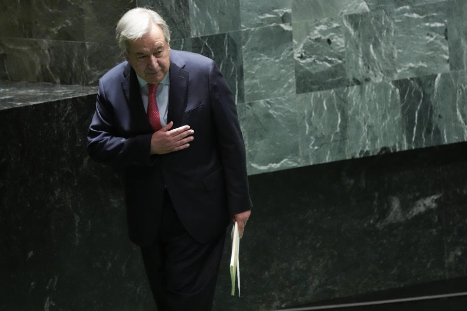 United Nations Secretary-General Antonio Guterres acknowledges the audience applause after addressing the 78th session of the United Nations General Assembly, Tuesday, Sept. 19, 2023 at United Nations headquarters. (AP Photo/Mary Altaffer)