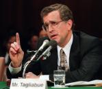 FILE - National Football League Commissioner Paul Tagliabue gestures while testifying on Capitol Hill before the Senate subcommittee on Antitrust, Business Rights, and Competition hearing on relocation of professional sports franchises, in this Wednesday, Nov. 29, 1995, file photo. Tagliabue’s 17-year stint as commissioner, the NFL experienced labor peace, saw skyrocketing television deals, construction of new stadiums across the nation, and expansion to the current 32-team makeup. Despite those credentials that continued pro football’s surge to the top of American sports, it took until a special centennial class in 2020 for Tagliabue to be voted into the Pro Football Hall of Fame after retiring in 2006. (AP Photo/Doug Mills, File)