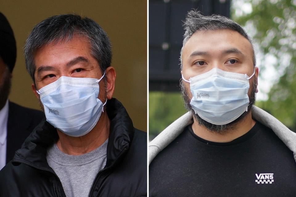 Chung Biu Yuen, left, and Chi Leung Wai, leave Westminster Magistrates’ Court (PA)