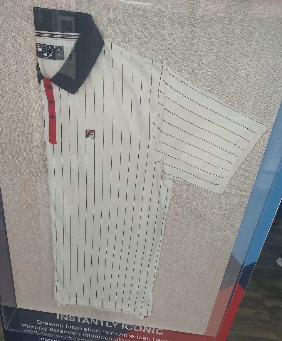 The iconic pin-striped shirt worn by Bjorn Borg is on display as part of an exhibition at the Fila store on the grounds of the Indian Wells Tennis Garden.