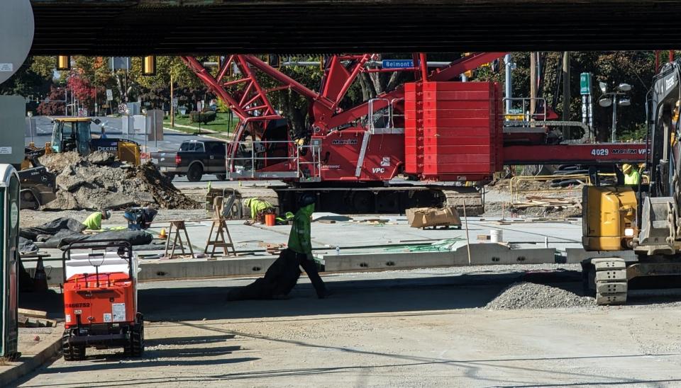 Looking west from North Hills Road new decking components take shape on the East Market St. bridge. The project remains on schedule and is expected to be completed in a six-week time frame, according to the state Department of Transportation. The closure started on Sept. 27.