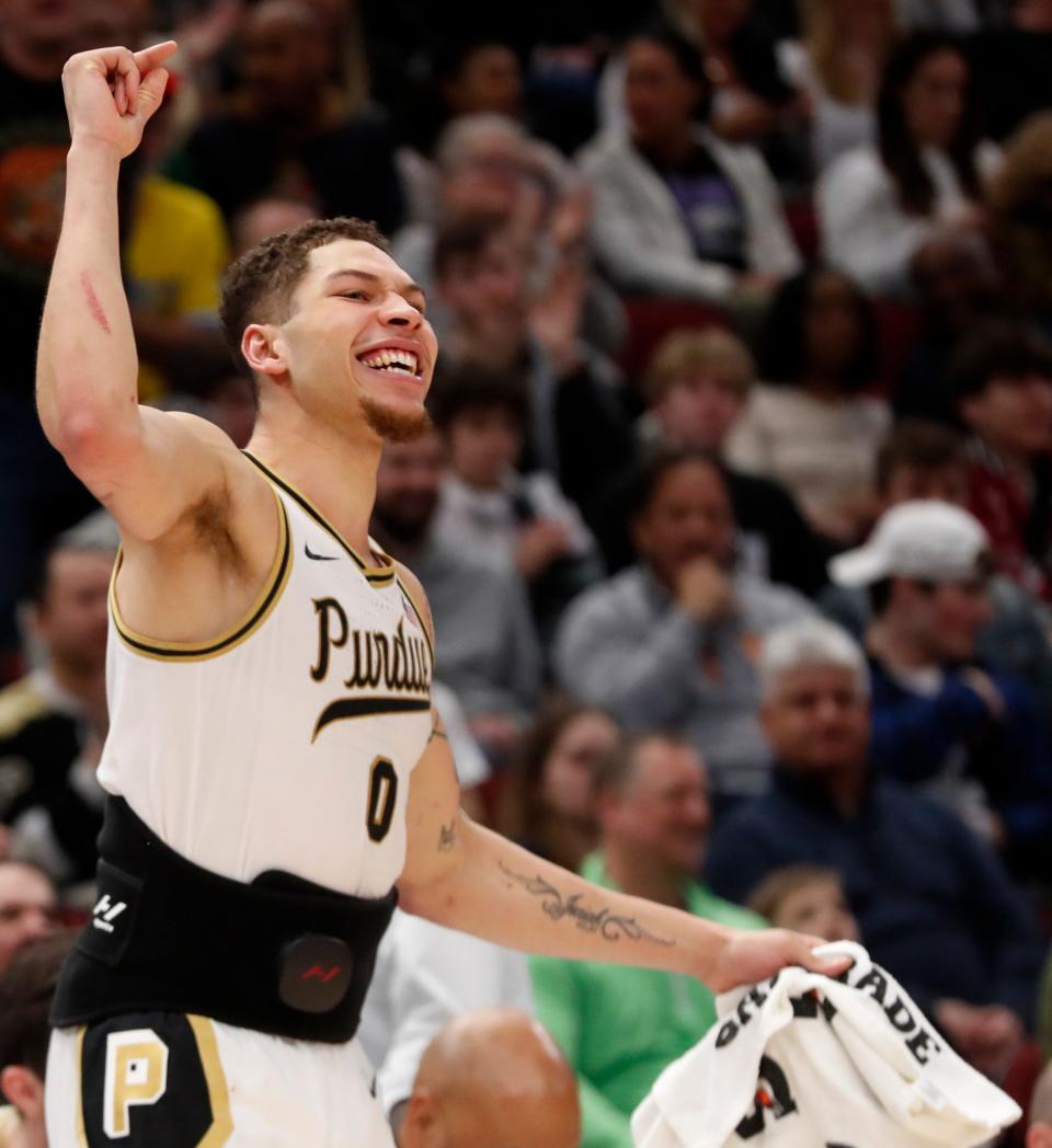 Purdue Boilermakers forward Mason Gillis (0) reacts after Purdue scores during the Big Ten Men’s Basketball Tournament Championship game against the Penn State Nittany Lions, Sunday, March 12, 2023, at United Center in Chicago. Purdue won 67-65.