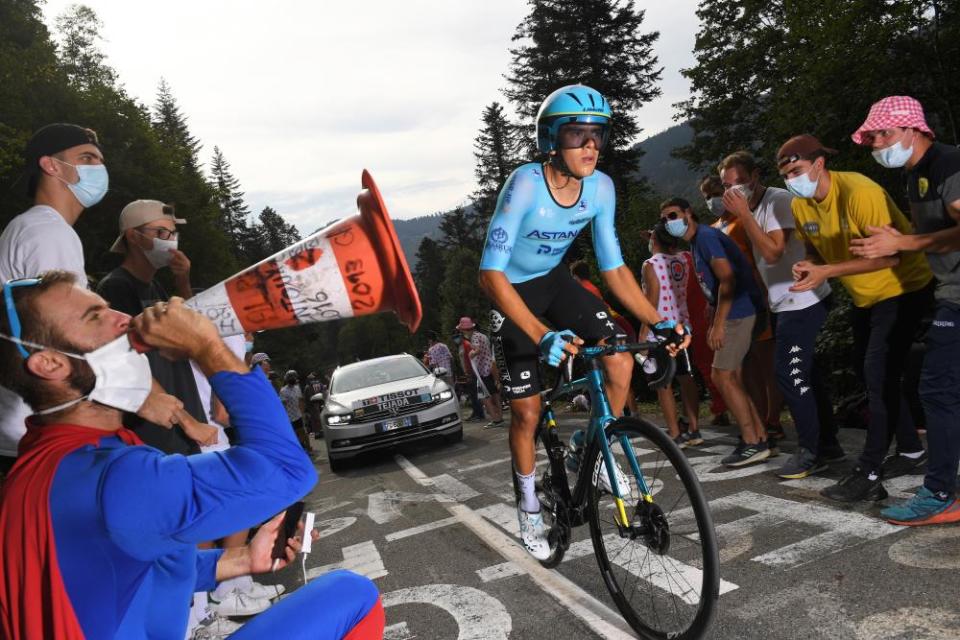 Tejada Canacue of Astana Pro Team is cheered on during Stage 20, an Individual Time Trial from Lure to La Planche Des Belles Filles.