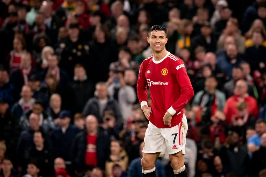 Cristiano Ronaldo scored his 18th Premier League goal of the season during the 3-0 win against Brentford  (Manchester United via Getty Imag)
