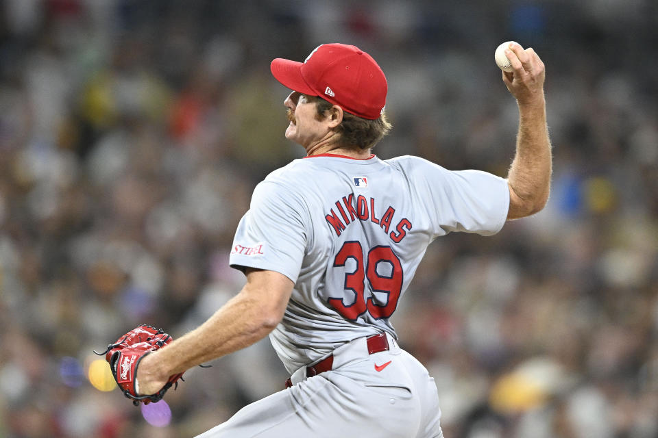 St. Louis Cardinals starting pitcher Miles Mikolas delivers during the third inning of a baseball game against the San Diego Padres, Tuesday, April 2, 2024, in San Diego. (AP Photo/Denis Poroy)