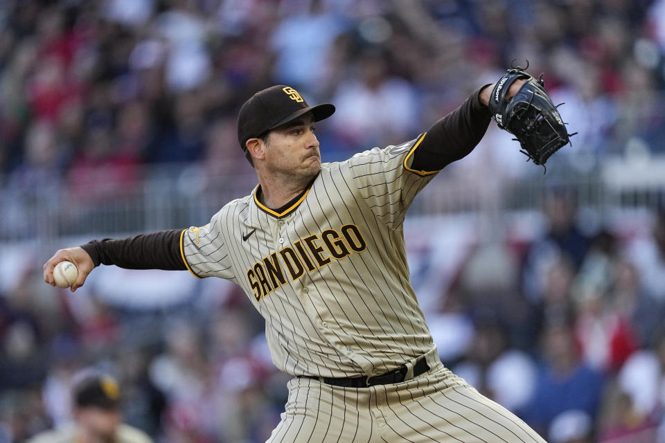San Diego Padres pitcher Seth Lugo (67) works in the first inning of a baseball game against the Atlanta Braves, Sunday, April 9, 2023, in Atlanta. (AP Photo/John Bazemore)