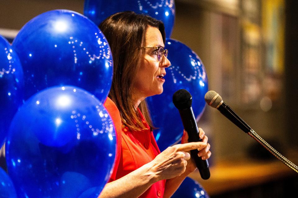 1st Congressional District candidate Rep. Christina Bohannan, D-Iowa City, speaks to supporters during a Johnson County Democrats election night watch party, Tuesday, Nov. 8, 2022, at Big Grove Brewery in Iowa City, Iowa.