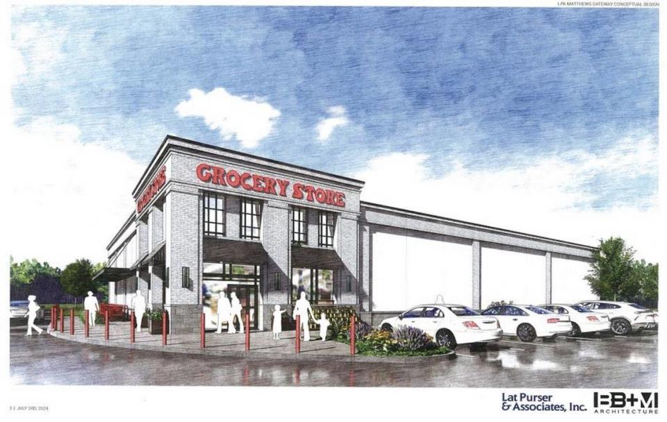 Matthews Board of Commissioners approved elevation changes for a neighborhood grocery store at Matthews Gateway project. The sketch plan shows signage font similar to Trader Joe’s.