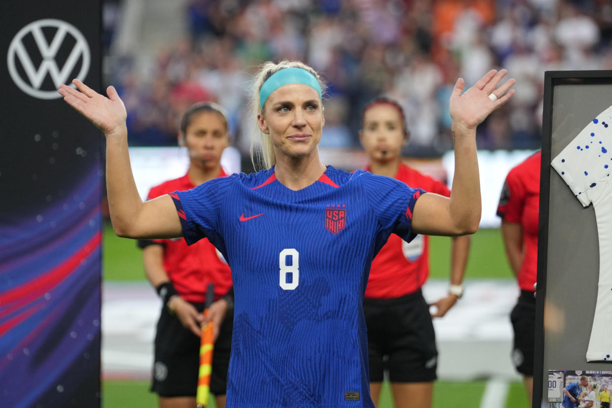 CINCINNATI, OHIO - SEPTEMBER 21: Julie Ertz #8 of the United States is honored prior to playing South Africa at TQL Stadium on September 21, 2023 in Cincinnati, Ohio. (Photo by Brad Smith/ISI Photos/USSF/Getty Images for USSF)