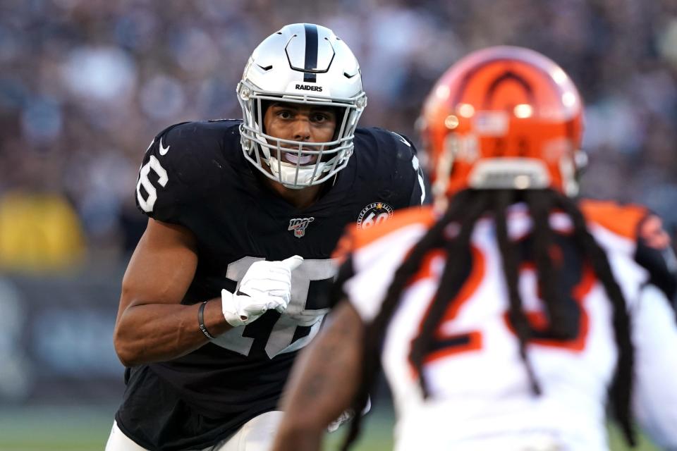 Raiders receiver Tyrell Williams runs a pass pattern as Bengals cornerback B.W. Webb defends Nov. 17, 2019 in Oakland.