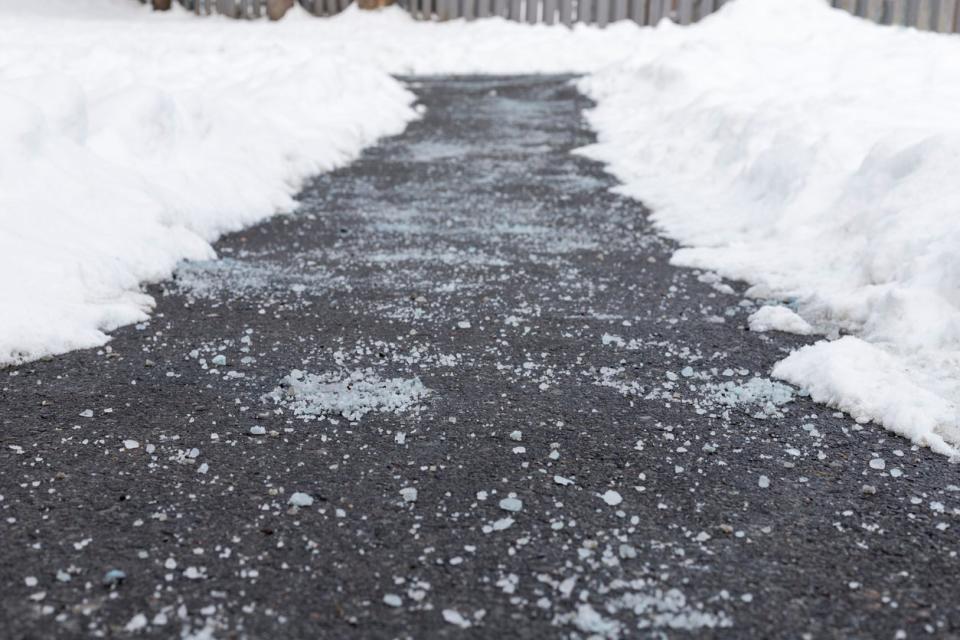 Driveway sprinkled with snow melt, with piles of snow on both sides of the asphalt.