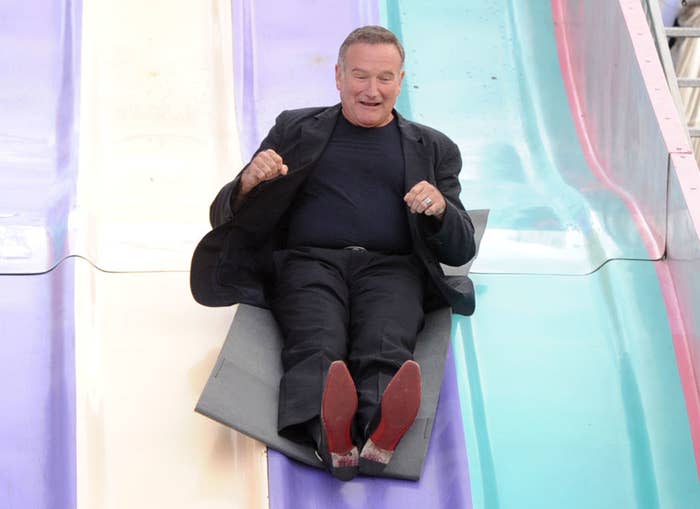 Robin Williams goes down a slide at a movie premiere