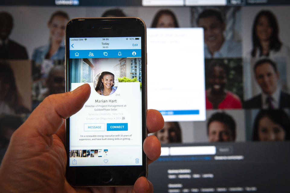 An iPhone running the LinkedIn application is seen  in this photo illustration on July 9, 2018. (Photo by Jaap Arriens/NurPhoto via Getty Images)